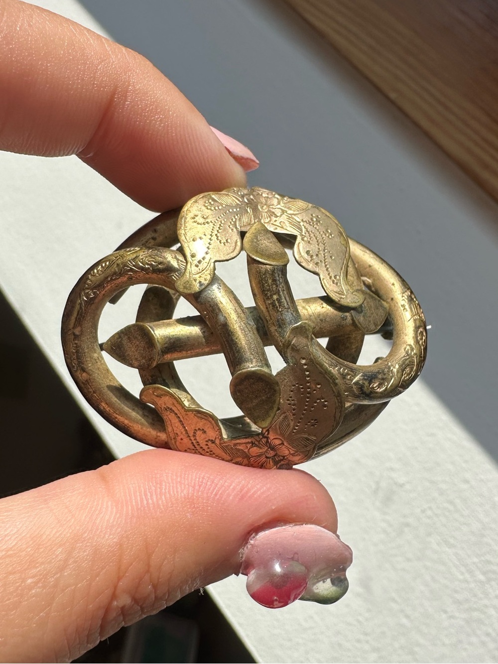 Antique Victorian Lover’s Knot Brooch, Gilt Brass, c. 1860s–1880s